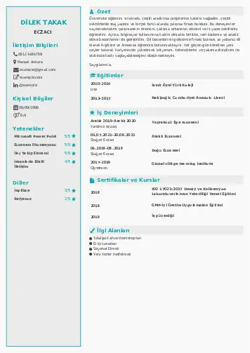 Eczacı CV Örnekleri cv indir